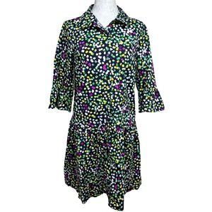 DKNY Abstract Confetti Drop Waist Ruffled 3/4 Sleeves Shirt Dress Womens 10 US